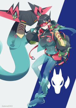 1girl 5others absurdres aqua_bodysuit bodysuit breasts claws closed_mouth cosplay dragapult dragapult_(cosplay) dragon dreepy full_body gen_8_pokemon glassy0302 half-closed_eyes highres huge_breasts kuraishi_rinngo large_breasts looking_at_viewer low_ponytail multiple_others nintendo no_humans original pokemon pokemon_(creature) ponytail see-through_clothes visor_cap yellow_eyes