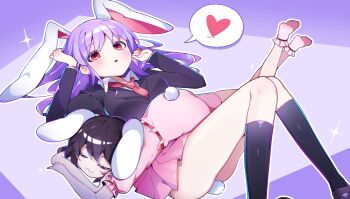 2girls animal_ears black_hair black_socks closed_mouth highres inaba_tewi kneehighs long_hair lying multiple_girls on_back open_mouth purple_hair rabbit_ears red_eyes reisen_udongein_inaba sia_6767 smile socks thighs touhou
