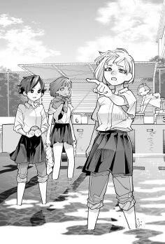 4girls absurdres all_fours arm_at_side arm_up backpack bag bangs_pinned_back breasts closed_eyes closed_mouth cloud collared_shirt commentary_request diving_block floating_hair furrowed_brow gavucchi greyscale hatching_(texture) highres holding holding_shell holding_unworn_clothes jacket_around_neck linear_hatching looking_ahead looking_at_another miniskirt mole mole_under_mouth monochrome multiple_girls necktie open_collar open_mouth original outdoors outstretched_arm pants pants_rolled_up pants_under_skirt parody parted_bangs parted_lips pleated_skirt pointing pool scene_reference school_uniform shell shingeki_no_kyojin shirt short_hair short_sleeves skirt sky sleeves_rolled_up small_breasts socks standing striped_necktie three-quarter_sleeves track_pants unworn_socks wading water