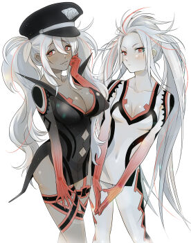 2girls :< absurdres ai_the_somnium_files ai_the_somnium_files:_nirvana_initiative aiba_(ai_the_somnium_files) alternate_hairstyle blush breasts commentary_request covered_navel cowboy_shot highres large_breasts long_hair medium_breasts mole mole_on_breast multiple_girls navel ookutsuwa_waga red_eyes sidelocks simple_background smile tama_(ai_the_somnium_files) twintails white_background