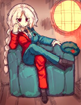 Rule 34 | 1girl, absurdres, adapted costume, alternate costume, braid, closed mouth, collared shirt, commentary, couch, green jacket, green pants, hat, highres, indoors, jacket, korean commentary, long hair, long sleeves, looking at viewer, multicolored jacket, necktie, no headwear, on couch, pants, purple necktie, rampa93, red eyes, red jacket, red pants, shirt, single braid, sitting, smile, solo, touhou, two-tone jacket, two-tone pants, unworn hat, unworn headwear, variant set, very long hair, white shirt, yagokoro eirin