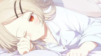 Rule 34 | 1girl, blonde hair, blush, breasts, cleavage, collarbone, colored eyelashes, commentary request, feet out of frame, gakuen idolmaster, hair ornament, hairclip, highres, idolmaster, long hair, looking at viewer, lying, on stomach, one eye closed, orange eyes, pajamas, parallel hairclips, parted bangs, parted lips, rubbing eyes, saika blossom, shinosawa hiro, shirt, sleepy, small breasts, solo, waking up, white shirt