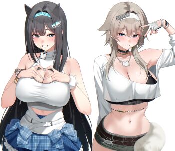 2girls aqua_headband belt black_choker black_nails black_sports_bra blue_eyes blue_skirt bow bracelet breasts cat_necklace cat_ornament choker cleavage cleavage_cutout clothing_cutout collarbone commentary_request cropped_shirt english_text finger_heart fingerless_gloves fish_hair_ornament gloves goddess_of_victory:_nikke green_eyes green_shorts hair_ears hair_intakes hair_ornament headband headset highres idol jewelry korean_commentary large_breasts long_hair long_sleeves mint_(nikke) mole mole_on_stomach mole_under_eye multiple_bracelets multiple_girls nail_polish navel off_shoulder plaid_bow prika_(nikke) short_shorts shorts silver_gloves silver_nails simple_background skirt sleeveless smile sports_bra t.t._star_(nikke) teeth v white_background white_belt white_headband ziroqon