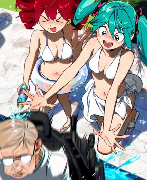 Rule 34 | > <, 1boy, 2girls, absurdres, aqua eyes, aqua hair, artist name, bikini, breasts, brown hair, commentary, drill hair, english commentary, glasses, hatsune miku, highres, innertube, kasane teto, large breasts, long hair, medium breasts, multiple girls, open mouth, pool, real life, snegovski, stephen hawking, swim ring, swimsuit, tongue, tongue out, twin drills, twintails, utau, water gun, wheelchair, white bikini