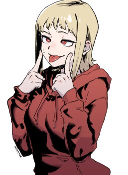 Rule 34 | 1girl, blonde hair, chainsaw man, highres, hood, hoodie, index fingers raised, rajaie101, red eyes, red hoodie, sawatari akane (chainsaw man), sidelocks, simple background, slit pupils, solo, sweatdrop, tongue, tongue out, white background