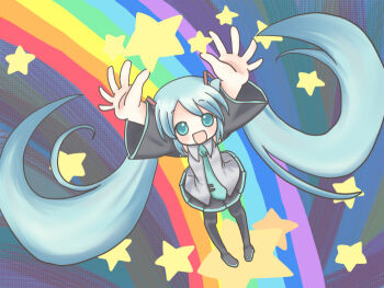 Rule 34 | aqua eyes, aqua hair, hatsune miku, long hair, necktie, rainbow, rainbow path, sakuramori sumomo, skirt, solo, star (symbol), thighhighs, twintails, vocaloid