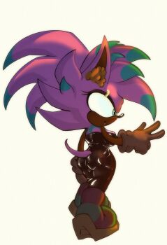 animal_ear_fluff ass bad_tag bodysuit breasts colored_skin eyebrow_piercing face_piercing hedgehog hedgehog_girl highres hourglass huge_ass kmax latex latex_bodysuit looking_to_the_side medium_breasts non-web_source original piercing purple_skin sheila_the_hedgehog sonic_(series) thick_thighs thighs wide_hips
