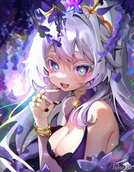 1girl bell black_nails bracelet breasts cleavage cloud_(lufaeris) commentary commission double-parted_bangs dress fingernails flower from_side grey_hair hand_up highres indie_virtual_youtuber jewelry jingle_bell large_breasts long_hair looking_at_viewer multiple_rings nail_polish open_mouth purple_dress purple_eyes purple_flower ring smile solo symbol-only_commentary upper_body virtual_youtuber yuni_nya