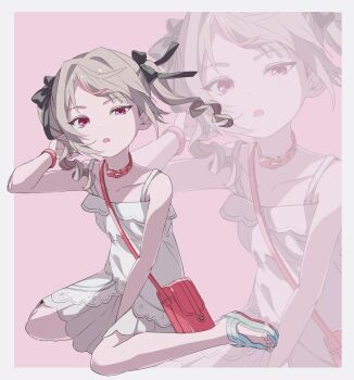 1girl bag border bracelet brown_hair choker dress full_body hair_intakes hair_ribbon highres jewelry looking_at_viewer makaino_ririmu makaino_ririmu_(3rd_costume) nijisanji official_alternate_costume open_mouth pink_background pink_eyes red_bag red_choker ribbon samehara_szk sandals shoulder_bag sitting solo sundress toes twintails uneven_eyes virtual_youtuber wariza white_border white_dress zoom_layer