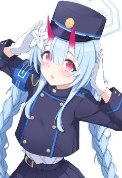 1girl :o armband belt black_belt black_hat black_jacket black_skirt blue_archive blue_armband blue_hair blue_halo blunt_bangs blush braid buttons center-flap_bangs chise_(blue_archive) commentary cosplay cowboy_shot demon_girl double-breasted eyes_visible_through_hair flower gloves hair_between_eyes hair_flower hair_ornament halo hands_up hat highres hikari_(blue_archive) hikari_(blue_archive)_(cosplay) horns jacket long_hair long_sleeves looking_at_viewer making_faces oni open_mouth peaked_cap pleated_skirt red_eyes red_horns red_pupils sidelocks simple_background skin-covered_horns skirt solo tareme twin_braids upturned_eyes very_long_hair white_background white_flower white_gloves yamichi_(yamichi8369)