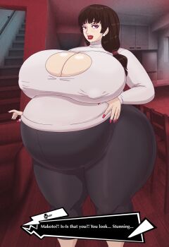 1girl aged_up big_belly breasts cleavage cleavage_cutout clothing_cutout covered_erect_nipples curvy earrings female_focus highres huge_breasts jewelry lips lipstick long_hair looking_at_viewer makeup mature_female nail_polish niijima_makoto persona persona_5 pregnant red_eyes saturnxart solo thick_thighs thighs wide_hips