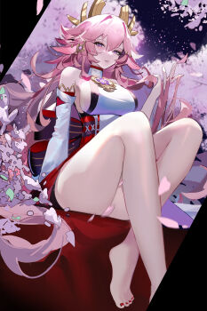 1girl animal_ears bare_legs bare_shoulders barefoot breasts cherry_blossoms commentary convenient_censoring crossed_legs detached_sleeves earrings falling_petals feet floppy_ears foot_out_of_frame fox_ears fox_girl genshin_impact hair_between_eyes hair_ornament hand_in_own_hair hibikissmoon highres holding holding_own_hair japanese_clothes jewelry large_breasts long_hair looking_at_viewer nail_polish night night_sky parted_lips petal_censor petals pink_hair purple_eyes red_nails revision shirt sideboob sitting sky sleeveless sleeveless_shirt sleeveless_turtleneck solo thighs toenail_polish toenails toes turtleneck very_long_hair white_shirt white_sleeves yae_miko