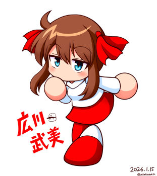 1girl 2026 blue_eyes brown_hair commentary_request hair_ribbon highres hirokawa_takemi jikkyou_powerful_pro_yakyuu jikkyou_powerful_pro_yakyuu_(style) multicolored_shoes no_mouth power_pro_kun_pocket power_pro_kun_pocket_9 rayman_limbs red_shoes red_skirt ribbon shiroi_tansu shoes skirt solo sweater twitter_username two-tone_shoes white_background white_shoes white_sweater