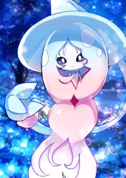 Rule 34 | 1girl, absurdly long hair, arms at sides, black sclera, blue background, blue hair, blue hat, blurry, blurry background, blush, chisen maimai, closed mouth, colored sclera, colored skin, female focus, flat chest, gen 8 pokemon, gradient hair, happy, hat, hatterene, heart, heart in eye, lens flare, long hair, looking at viewer, multicolored hair, nintendo, outdoors, pink hair, pokemon, pokemon (creature), prehensile hair, sidelocks, smile, solo, symbol in eye, two-tone hair, very long hair, white eyes, white skin, witch hat