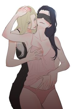 Rule 34 | 2girls, absurdres, black dress, black hair, blindfold, blonde hair, blush, breasts, camisole, collarbone, commentary request, dress, groping, gyerin yang, highres, juyeon na, korean commentary, large breasts, long hair, multiple girls, panties, parted lips, pink camisole, pink panties, sadistic beauty, simple background, ssozei, sweat, underwear, white background, yuri