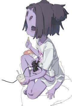 1girl arthropod_girl barefoot black_eyes black_hair chips_(food) colored_skin controller crossed_legs eating extra_arms extra_eyes feet food from_side game_controller insect_girl jianpan_xiafang_de_da_kongge loli monster_girl muffet no_pants playing_games potato_chips purple_skin shirt short_hair sitting solo spider_girl thighs toes two_side_up undertale utdr_(toby_fox) white_shirt