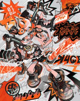 goggles goggles_on_head guifan gun highres holding holding_gun holding_weapon inkling inkling_player_character looking_at_viewer nintendo orange_eyes orange_hair pointy_ears solo splatoon_(series) weapon