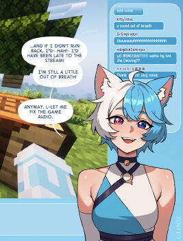 1girl :d ahoge animal_ear_piercing animal_ears blue_hair cat_ears cat_girl chat_log english_text game_screenshot_inset glooz_art heterochromia highres livestream minecraft multicolored_hair open_mouth original purple_eyes red_eyes short_hair smile speech_bubble two-tone_hair virtual_youtuber white_hair