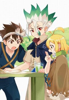 1girl 2boys ahoge blonde_hair brown_eyes brown_hair chrome_(dr._stone) cloak dr._stone green_hair headband highres ishigami_senkuu multicolored_hair multiple_boys open_mouth red_eyes short_hair simple_background smile spiked_hair suika_(dr.stone) table two-tone_hair white_hair yuyuyu9526