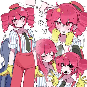 2girls ? @_@ black_necktie blush blush_stickers closed_eyes collared_shirt danchoo drill_hair flying_sweatdrops hair_down hat hatsune_miku highres kasane_teto mesmerizer_(vocaloid) mini_hat multiple_girls necktie open_mouth pants poking red_hat red_pants scratching_cheek sharp_teeth shirt short_hair solo_focus spoken_question_mark striped_clothes striped_shirt suspenders sweatdrop synthesizer_v teeth tongue tongue_out twin_drills utau v vocaloid wrist_cuffs yellow_eyes zzz