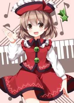 1girl :d blush brown_eyes brown_hair collared_vest commentary_request completion_time cowboy_shot frilled_hat frilled_shirt_collar frills hair_between_eyes hand_up hat highres long_sleeves looking_at_viewer lyrica_prismriver musical_note musical_staff open_mouth red_hat red_skirt red_vest ruu_(tksymkw) shirt shooting_star_(symbol) short_hair skirt skirt_set smile solo touhou vest white_shirt
