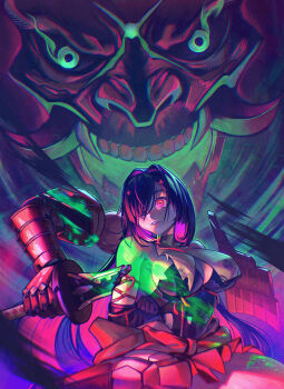 1girl absurdres arms_behind_back bare_shoulders bdsm black_gloves black_leotard bondage bound bound_arms breast_curtains breasts broken broken_sword broken_weapon chaos_zero_nightmare chizuru_(chaos_zero_nightmare) cleavage clenched_hands clenched_teeth commentary cowboy_shot demon elbow_gloves english_commentary gloves hair_between_eyes hair_over_one_eye hakama hakama_short_skirt hakama_skirt highres holding holding_sword holding_weapon japanese_clothes large_breasts leotard long_hair mechanical_arms mond_(mwrylyx) nontraditional_miko parted_lips purple_hair red_eyes red_hakama restrained shibari sideboob sidelocks single_mechanical_arm skirt solo sprue standing sword teeth torn_clothes twitter_username very_long_hair weapon