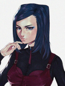 1girl black_shirt blue_eyes blue_eyeshadow blue_hair bolzhedor breasts closed_eyes dress ergo_proxy eyeliner eyeshadow film_grain fingernails forehead highres lips long_sleeves makeup medium_breasts medium_hair mismatched_eyebrows nose purple_dress re-l_mayer shirt solo swept_bangs turtleneck upper_body white_background zipper_pull_tab