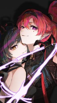 2girls absurdres bare_shoulders black_hair black_hairband bound breasts bright_pupils chinese_hairpin eyeliner female_rover_(wuthering_waves) flower_hairpin hair_between_eyes hair_ornament hairband hairclip hairpin high_ponytail highres holding holding_string jewelry long_hair looking_at_viewer makeup mole mole_under_each_eye mole_under_eye mouchu multicolored_hair multiple_girls multiple_moles pointy_ears ponytail purple_eyes purple_lightning red_eyeliner red_hair rover_(wuthering_waves) string tied_up_(nonsexual) white_pupils wuthering_waves yellow_eyes yinlin_(wuthering_waves) yuri