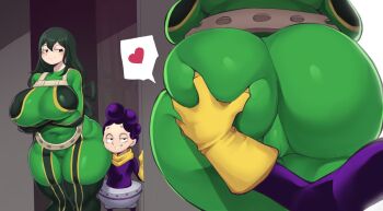 1boy 1girl ass asui_tsuyu blush bodysuit boku_no_hero_academia breasts grabbing_another&#039;s_ass grabbing_from_behind grey_hair groping heart huge_ass huge_breasts long_hair lying maimeetung mineta_minoru molestation nipples size_difference smile speech_bubble