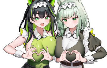 2girls :d absurdres arknights bare_shoulders black_hair blurry blush bow bowtie breasts chinese_commentary closed_mouth colored_inner_hair commentary covered_navel dishui_tangni fingernails frills green_eyes green_hair heart heart_hands highres juliet_sleeves kal&#039;tsit_(arknights) large_breasts long_sleeves maid medium_hair mon3tr_(arknights) multicolored_hair multiple_girls open_mouth puffy_sleeves simple_background sleeveless smile sweatdrop traditional_bowtie upper_body white_background white_bow white_bowtie wrist_cuffs