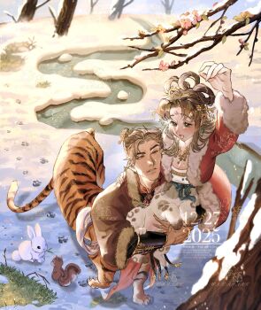 Rule 34 | 4 virgin, animal, blue eyes, brown coat, brown hair, carrying, centauroid, child carry, coat, commentary, commission, dog girl, english commentary, flower, full body, hair bun, highres, long hair, monster boy, monster girl, original, outdoors, plum blossoms, rabbit, red coat, red eyes, short hair, snow, squirrel, stream, taur, tiger boy, vgen commission, winter