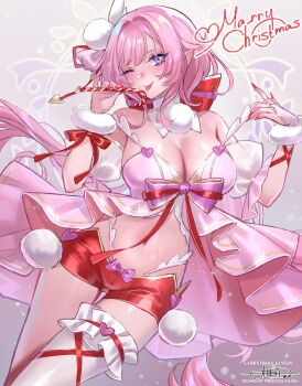 1girl ;p artist_logo bare_shoulders breasts candy candy_cane commentary diamond-shaped_pupils diamond_(shape) dress elf elysia_(honkai_impact) english_commentary food highres holding holding_candy holding_candy_cane holding_food honkai_(series) honkai_impact_3rd large_breasts logo long_hair merry_christmas midriff navel one_eye_closed pink_dress pink_hair pointy_ears princess_ailish purple_eyes red_shorts shorts single_thighhigh solo symbol-shaped_pupils thighhighs tongue tongue_out very_long_hair white_thighhighs