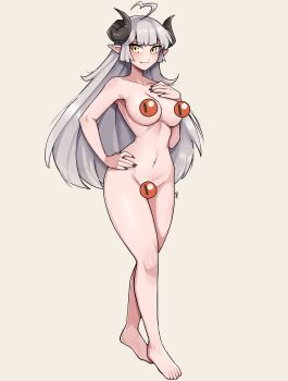 1girl absurdres ahoge black_nails breasts censored closed_mouth collarbone commentary commission completely_nude demon_girl demon_horns english_commentary fang fang_out fingernails full_body grey_background grey_hair hand_on_own_chest hand_on_own_hip highres horns large_breasts legs long_hair looking_at_viewer navel novelty_censor nude oninuer original paid_reward_available patreon_logo pointy_ears short_hair simple_background smile solo stomach toes yellow_eyes