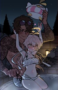 Rule 34 | 1boy, 1girl, absurdres, arm tattoo, arms around neck, arms up, bikini, blonde hair, blue archive, blush, brown hair, caiiieope, crossover, eyewear on head, halo, heathcliff (project moon), hifumi (blue archive), hifumi (swimsuit) (blue archive), highres, holding, holding stuffed toy, kurokumo clan (identity) (project moon), limbus company, night, official alternate costume, onsen, peroro (blue archive), project moon, pulling another's clothes, ribbon-trimmed bikini, ribbon trim, ruffle bikini, scar, sensei (blue archive), sitting, sitting on lap, sitting on person, stuffed animal, stuffed toy, sunglasses, swimsuit, tattoo, topless male, towel, towel around waist, twintails