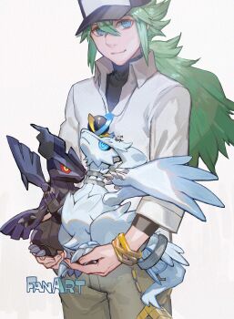 Rule 34 | alternate size, blue eyes, colored sclera, cowboy shot, gen 5 pokemon, green hair, highres, legendary pokemon, long hair, looking at viewer, male focus, n (pokemon), nintendo, pokemon, pokemon (creature), pokemon bw, red sclera, reshiram, shirt, shirt under shirt, toujou bun, white shirt, zekrom