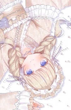 1girl absurdres blonde_hair braid choker frilled_sleeves frills hair_ornament hairband hashtag-only_commentary heart heart_choker highres hololive hololive_dev_is japanese_clothes kimono lolita_hairband long_hair looking_at_viewer low_twin_braids lying on_back purple_eyes purple_hair simple_background smile solo todoroki_hajime todoroki_hajime_(new_year) twin_braids virtual_youtuber white_background white_kimono yamazakura118