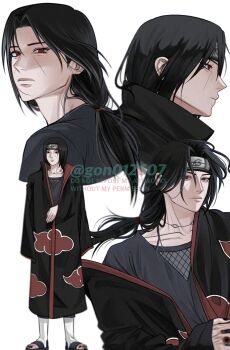 1boy akatsuki_uniform black_eyes black_hair black_headband black_jacket black_nails black_shoes closed_mouth facial_mark fishnet_top fishnets full_body gon012607 grey_shirt hair_tie headband highres jacket jewelry long_hair low-tied_long_hair male_focus multiple_views nail_polish naruto_(series) necklace open-toe_shoes parted_bangs red_eyes shirt shoes solo toenail_polish toenails twitter_username uchiha_itachi upper_body white_background