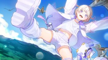1girl :d animal ark_survival_evolved banpen_(todoroki_hajime) bird blonde_hair blue_sky blunt_bangs blush choker cloud commentary_request dot_nose double-parted_bangs downturned_eyes dutch_angle dynamic_pose falling hair_ornament hairpin highres hololive hololive_dev_is iridescent jacket leg_warmers lens_flare looking_at_viewer loose_hair_strand midair mountainous_horizon multicolored_hair multicolored_jacket navel neki_(gotty_xxx) open_clothes open_jacket open_mouth outdoors outer_glow outstretched_arms penguin pterosaur purple_choker purple_eyes purple_jacket purple_shorts purple_streaks purple_trim shin_strap shirt shoe_soles shoes short_hair shorts sidelocks sky smile sneakers solo spread_legs streaked_hair stuffed_animal stuffed_penguin stuffed_toy swept_bangs t-shirt talisman teeth thighs todoroki_hajime todoroki_hajime_(1st_costume) two-tone_hair two-tone_jacket two-tone_shorts two_side_up upper_teeth_only upshirt upshorts virtual_youtuber white_jacket white_leg_warmers white_shirt white_shoes white_shorts