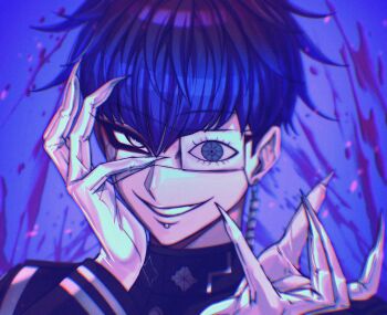 1boy absurdres arms_up black_jacket blood blue_hair chamuchai eyepatch face_piercing fingernails hand_on_own_face highres jacket labret_piercing long_sleeves looking_to_the_side male_focus omokage_yugamu one_eye_covered piercing ringed_eyes sharp_fingernails short_hair smile solo the_hundred_line_-last_defense_academy-