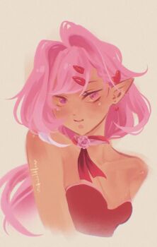 1girl alternate_costume breasts commentary cropped_torso diamond-shaped_pupils diamond_(shape) dress earrings elf elysia_(hi_love_elf)_(honkai_impact) elysia_(honkai_impact) english_commentary hair_ornament hairclip heart heart_earrings highres honkai_(series) honkai_impact_3rd jewelry large_breasts long_hair looking_at_viewer multicolored_hair pink_hair pointy_ears purple_eyes red_dress simple_background smile solo symbol-shaped_pupils two-tone_hair very_long_hair white_hair wretchedhoax