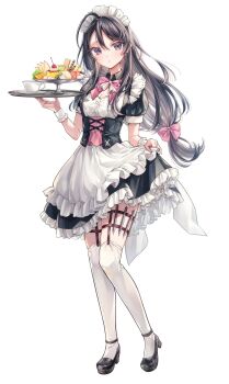 1girl black_dress black_hair black_shoes bow bowtie breasts cake cleavage cover cover_image cup dress floating_hair food frilled_dress frills fruit full_body hair_between_eyes hair_bow highres kimishima_ayano long_hair looking_at_viewer maid mary_janes medium_breasts official_art over-kneehighs parted_bangs pink_bow pink_bowtie purple_eyes shoes short_sleeves simple_background small_breasts solo standing teacup tenacitysaho thighhighs tokidoki_bosotto_roshia-go_de_dereru_tonari_no_alya-san tray very_long_hair white_background white_thighhighs white_wrist_cuffs wrist_cuffs
