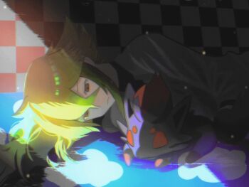 Rule 34 | 1boy, arm rest, black shirt, carpet, checkered wall, closed eyes, commentary request, crack of light, dappled sunlight, dress shirt, expressionless, fox, gen 5 pokemon, green hair, grey eyes, highres, indoors, light particles, long sidelocks, lying, male focus, n (pokemon), nintendo, on ground, on side, paint, pokemon, pokemon (creature), pokemon bw, shirt, shirt under shirt, sidelocks, sunlight, white shirt, zero (sleepy meltan), zorua