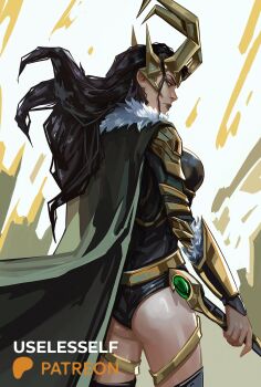 1girl alternate_form ass black_hair breasts cape commentary english_commentary fake_horns fur_trim gloves gold_gauntlets green_cape green_eyes highres horned_headwear horned_tiara horns lady_loki large_breasts loki_(marvel) long_hair marvel marvel_rivals solo thor_(marvel)_(series) tiara useless_elf