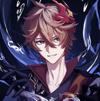 1boy black_gloves blue_eyes commentary_request crossed_bangs earrings genshin_impact gloves hair_between_eyes highres jewelry looking_at_viewer male_focus mask mask_on_head orange_hair popped_collar red_mask short_hair single_earring smile tartaglia_(genshin_impact) upper_body yugo_(yugonm222)