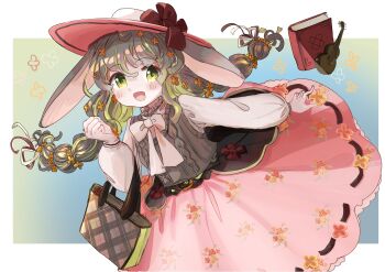 Rule 34 | 1girl, absurdres, animal ears, bag, blush, book, border, bow, bowtie, charlotte verlet, commentary request, cowboy shot, floppy ears, frilled skirt, frills, green eyes, grey hair, grey sweater, handbag, hat, hat bow, highres, indie virtual youtuber, instrument, long hair, long sleeves, minus (sr mineka), pink hat, pink skirt, rabbit ears, red bow, shirt, skirt, solo, sweater, sweater vest, twintails, violin, white border, white shirt