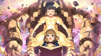 2girls :o black_hair blue_eyes book brown_hair closed_eyes commentary_request detached_sleeves dress flower game_cg golem hair_flower hair_ornament holding holding_book idolmaster idolmaster_million_live! idolmaster_million_live!_theater_days magic multiple_girls nakatani_iku official_art open_book open_mouth puffy_detached_sleeves puffy_sleeves short_hair suou_momoko third-party_source yellow_dress yellow_flower