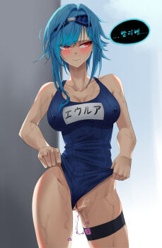1girl absurdres averting_eyes backlighting bare_shoulders blue-framed_eyewear blue-tinted_eyewear blue_hair blue_one-piece_swimsuit blue_sky blush breasts censored character_name cleavage closed_mouth clothes_lift clothes_writing collarbone controller covered_erect_nipples cowboy_shot eula_(genshin_impact) eyewear_on_head female_focus genshin_impact goggles groin hair_intakes highres japanese_text korean_text large_breasts lifting_own_clothes looking_to_the_side medium_hair mixed-language_text mosaic_censoring object_insertion one-piece_swimsuit one-piece_swimsuit_aside outdoors partially_translated pussy pussy_juice raised_eyebrows red_eyes remote_control remote_control_vibrator sex_toy sky solo speech_bubble standing swimsuit swimsuit_lift talking thigh_strap thighs tinted_eyewear translation_request vaginal vaginal_object_insertion vibrator vibrator_cord vibrator_under_clothes walnut_1477 wet wet_clothes
