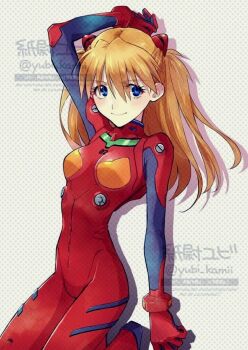 1girl arm_up blue_eyes bodysuit breasts commentary_request drop_shadow eyelashes interface_headset_(evangelion) long_hair looking_at_viewer mecha_pilot_suit neon_genesis_evangelion orange_hair plugsuit_(evangelion) red_bodysuit smile solo souryuu_asuka_langley twitter_username yubi_kamii