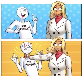 1boy 1girl beverly_(nortuet) black_eyes blue_background breasts coat dark-skinned_female dark_skin english_text large_breasts meme nortuet original polka_dot polka_dot_background red_eyes serious smile strangling teeth third-party_edit yellow_background