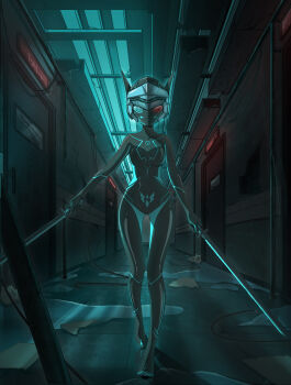 1girl absurdres black_bodysuit blue_eyes bodysuit cluebox covered_collarbone door dual_wielding hallway helmet heterochromia highres holding holding_sword holding_weapon latex latex_bodysuit mask original puddle red_eyes reflection shiny_clothes skin_tight solo straight-on sword variant_set walking weapon